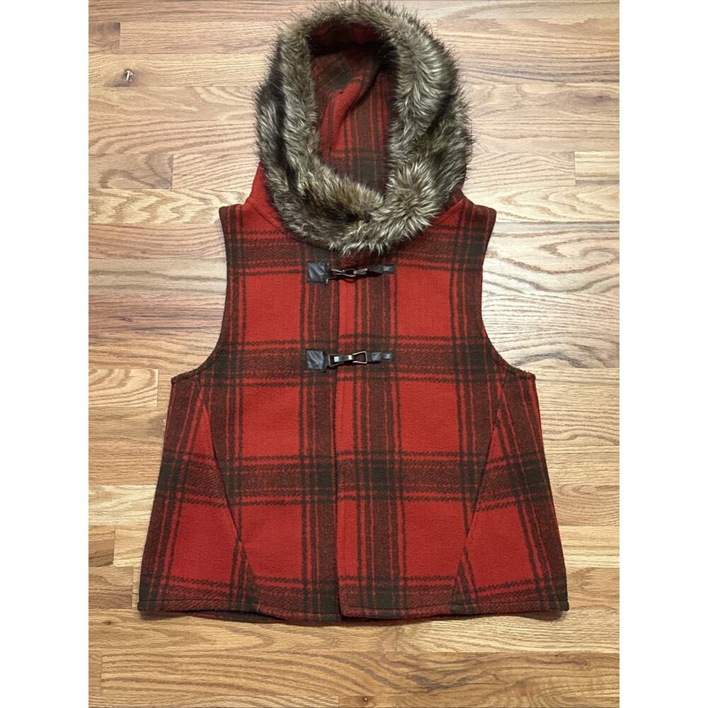 TASHA POLIZZI WOMEN'S PLAID DESIGN VEST FUR COLLAR FRONT BUCKLE SZ LARGE